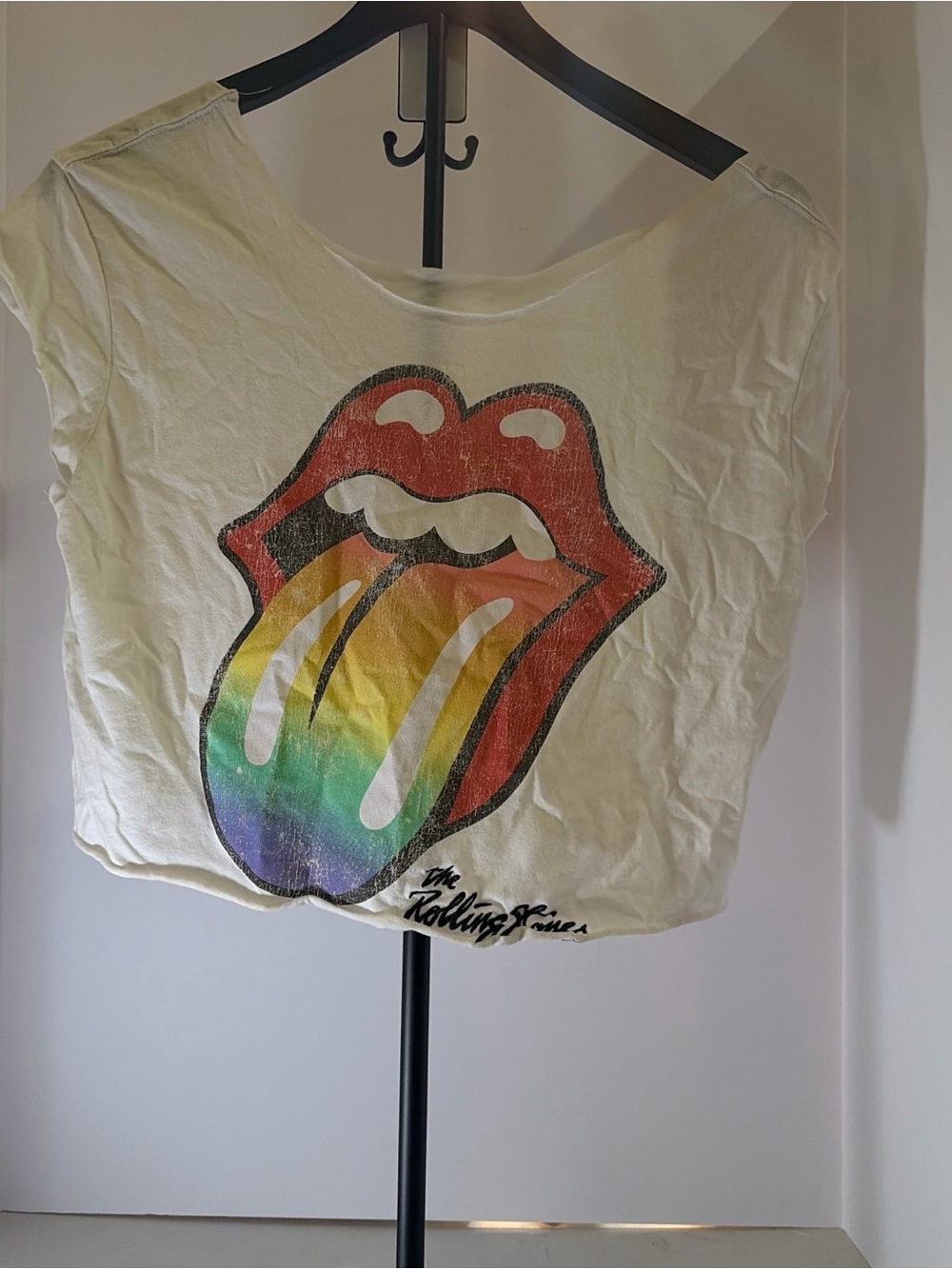the Rolling Stones White Crop Tee with Red Lips and Rainbow Tongue